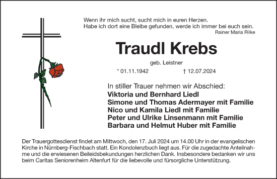 Traueranzeige von Traudl Krebs von Gesamtausgabe Nürnberger Nachrichten/ Nürnberger Ztg.