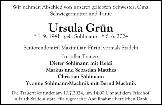 Traueranzeige von Ursula Grün von Gesamtausgabe Nürnberger Nachrichten/ Nürnberger Ztg.