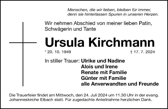 Traueranzeige von Ursula Kirchmann von Gesamtausgabe Nürnberger Nachrichten/ Nürnberger Ztg.