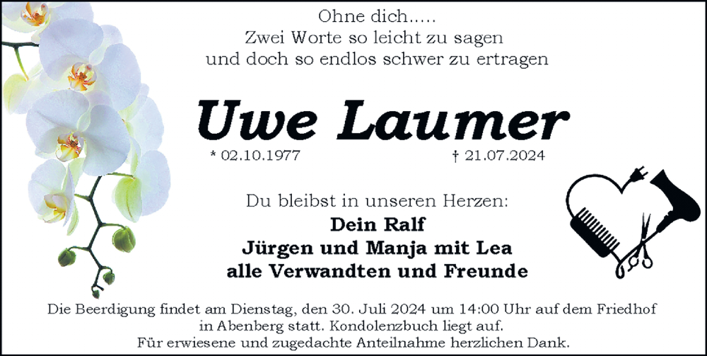  Traueranzeige für Uwe Laumer vom 27.07.2024 aus Schwabacher Tagblatt Lokal