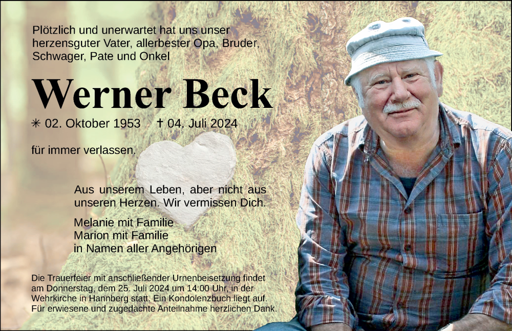  Traueranzeige für Werner Beck vom 20.07.2024 aus Erlanger Nachrichten Lokal