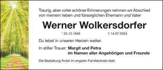 Traueranzeige von Werner Wolkersdorfer von Gesamtausgabe Nürnberger Nachrichten/ Nürnberger Ztg.