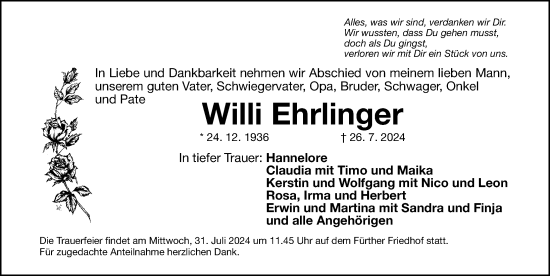Traueranzeige von Willi Ehrlinger von Fürther Nachrichten Lokal
