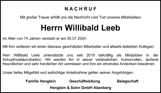 Traueranzeige von Willibald Leeb von Roth-Hilpoltsteiner Volkszeitung Lokal