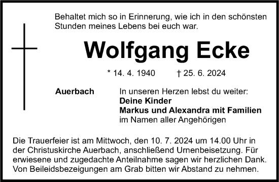 Traueranzeige von Wolfgang Ecke von Nordbayerische Nachrichten Pegnitz Lokal