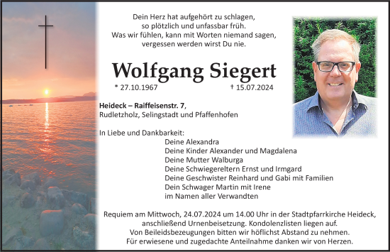 Traueranzeige von Wolfgang Siegert von Roth-Hilpoltsteiner Volkszeitung Lokal