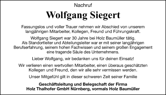 Traueranzeige von Wolfgang Siegert von Gesamtausgabe Nürnberger Nachrichten/ Nürnberger Ztg.