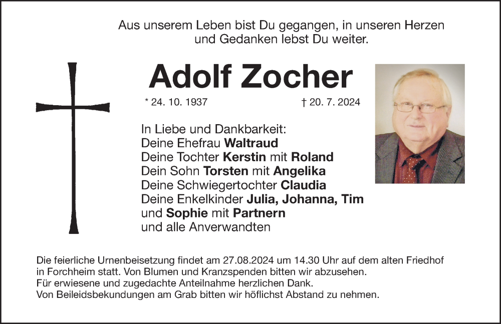  Traueranzeige für Adolf Zocher vom 21.08.2024 aus Nordbayerische Nachrichten Forchheim Lokal