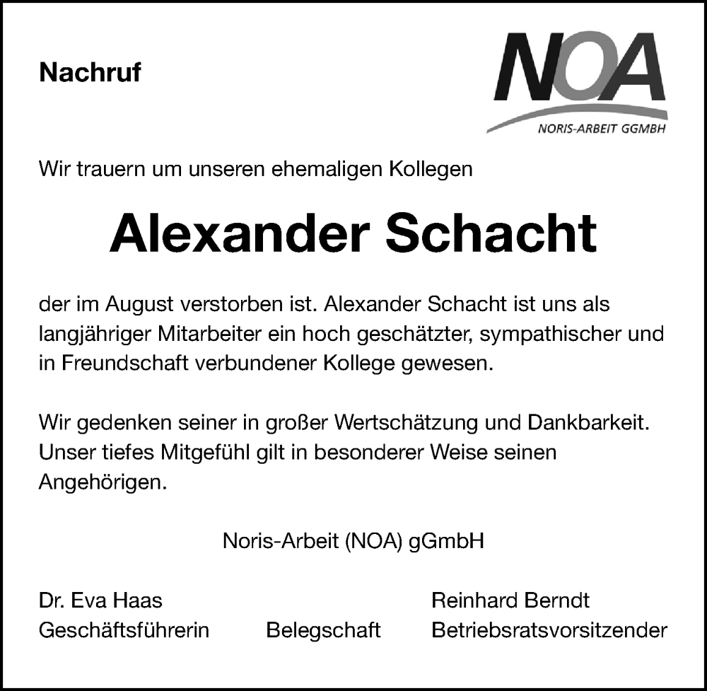  Traueranzeige für Alexander Schacht vom 31.08.2024 aus Gesamtausgabe Nürnberger Nachrichten/ Nürnberger Ztg.