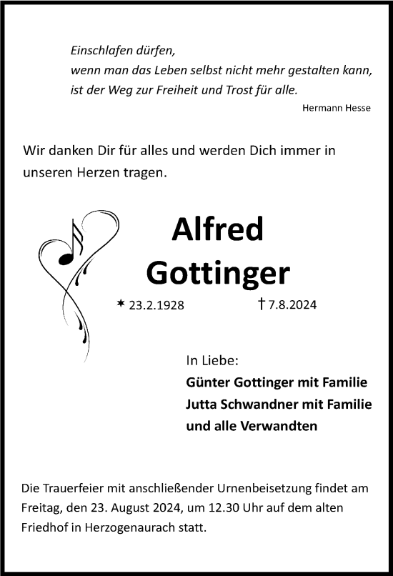 Traueranzeige von Alfred Gottinger von Nordbayerische Nachrichten Herzogenaurach Lokal