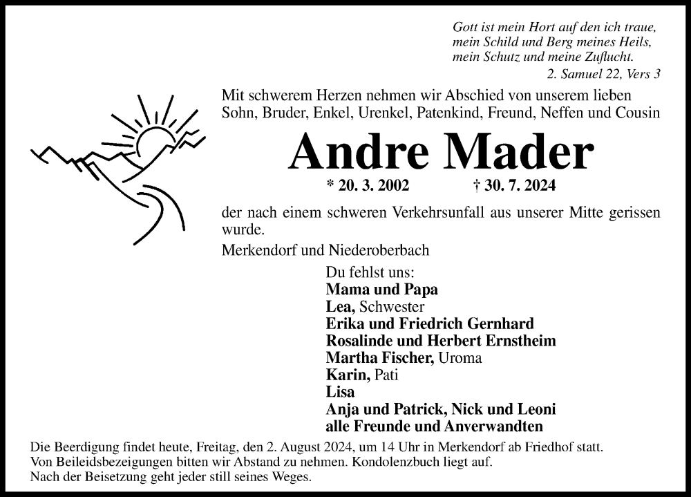  Traueranzeige für Andre Mader vom 02.08.2024 aus Altmühl-Bote Lokal