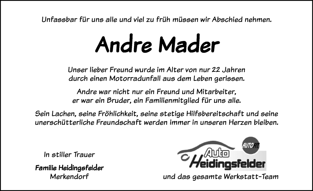  Traueranzeige für Andre Mader vom 02.08.2024 aus Altmühl-Bote Lokal