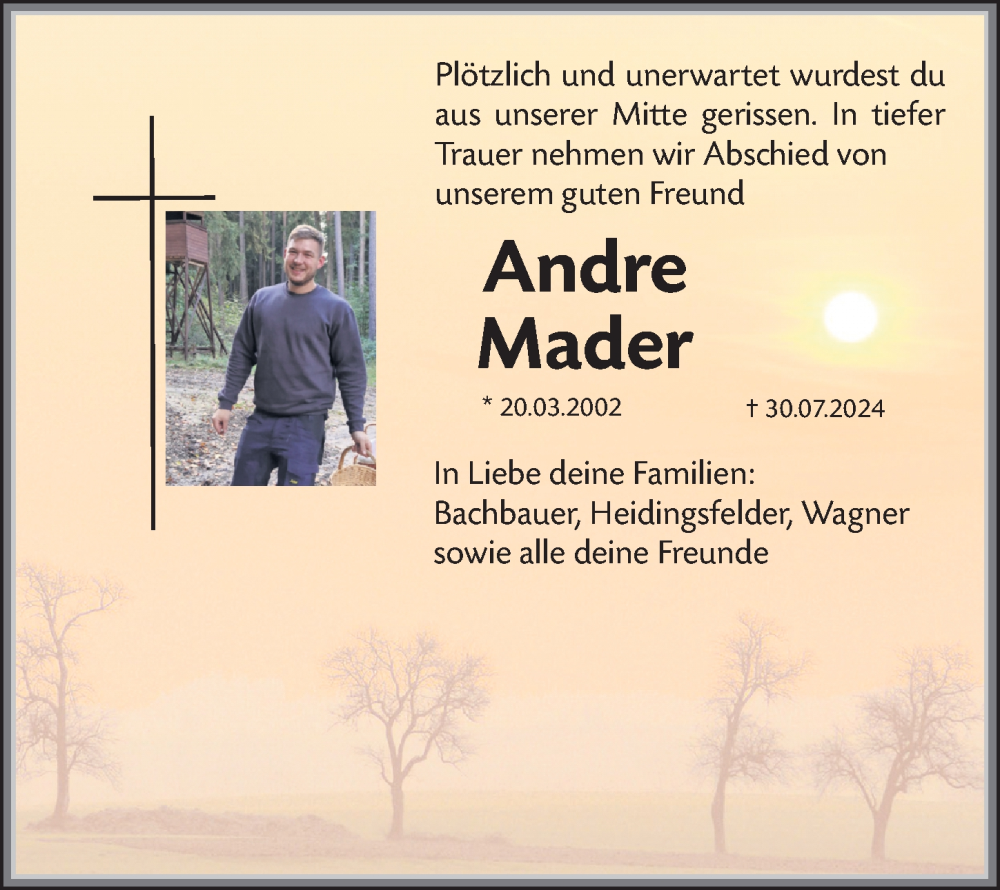  Traueranzeige für Andre Mader vom 03.08.2024 aus Altmühl-Bote Lokal