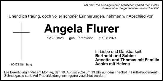 Traueranzeige von Angela Flurer von Gesamtausgabe Nürnberger Nachrichten/ Nürnberger Ztg.