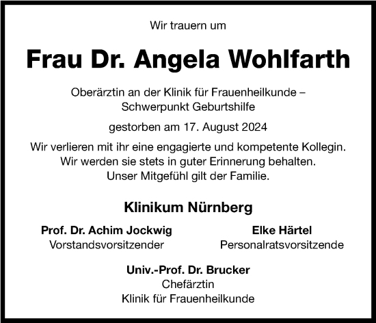 Traueranzeige von Angela Wohlfarth von Gesamtausgabe Nürnberger Nachrichten/ Nürnberger Ztg.