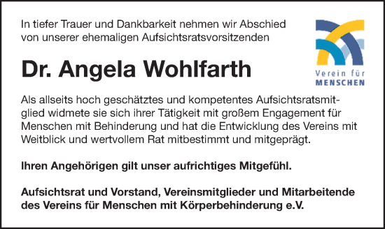 Traueranzeige von Angela Wohlfarth von Gesamtausgabe Nürnberger Nachrichten/ Nürnberger Ztg.