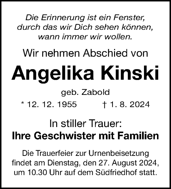 Traueranzeige von Angelika Kinski von Gesamtausgabe Nürnberger Nachrichten/ Nürnberger Ztg.