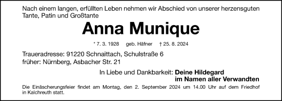 Traueranzeige von Anna Munique von Gesamtausgabe Nürnberger Nachrichten/ Nürnberger Ztg.