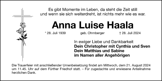 Traueranzeige von Anna Luise Haala von Fürther Nachrichten Lokal