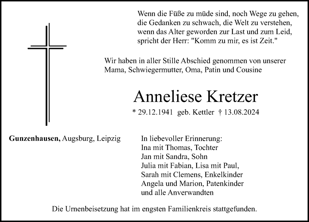  Traueranzeige für Anneliese Kretzer vom 24.08.2024 aus Altmühl-Bote Lokal