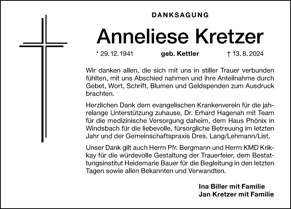  Traueranzeige für Anneliese Kretzer vom 31.08.2024 aus Altmühl-Bote Lokal