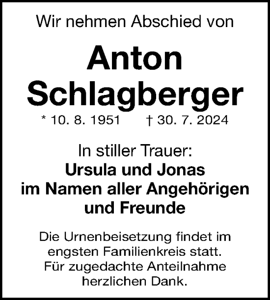 Traueranzeige von Anton Schlagberger von Gesamtausgabe Nürnberger Nachrichten/ Nürnberger Ztg.