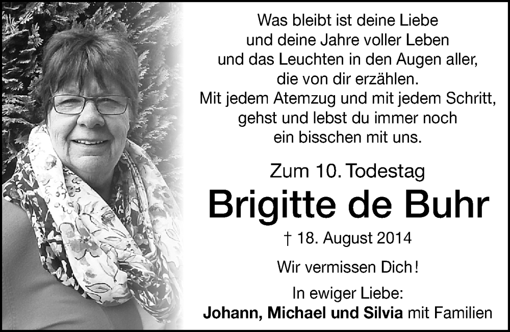  Traueranzeige für Brigitte de Buhr vom 17.08.2024 aus Altmühl-Bote Lokal