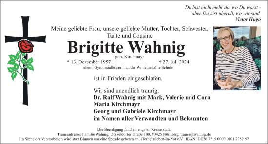 Traueranzeige von Brigitte Wahnig von Gesamtausgabe Nürnberger Nachrichten/ Nürnberger Ztg.