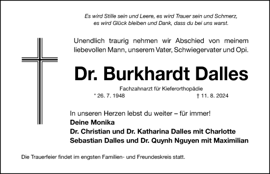 Traueranzeige von Burkhardt Dalles von Gesamtausgabe Nürnberger Nachrichten/ Nürnberger Ztg.