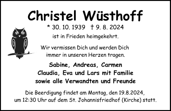 Traueranzeige von Christel Wüsthoff von Gesamtausgabe Nürnberger Nachrichten/ Nürnberger Ztg.