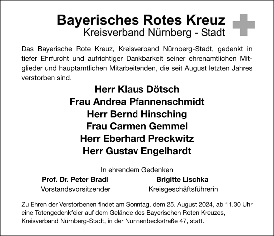 Traueranzeige von Das Bayerische Rote Kreuz, Kreisverband Nürnberg-Stadt, gedenkt  von Gesamtausgabe Nürnberger Nachrichten/ Nürnberger Ztg.