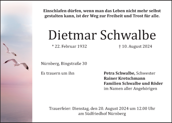 Traueranzeige von Dietmar Schwalbe von Gesamtausgabe Nürnberger Nachrichten/ Nürnberger Ztg.