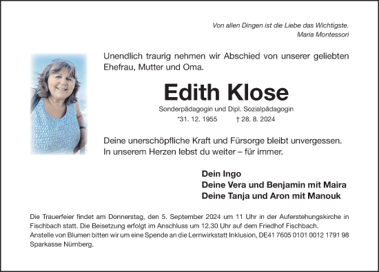 Traueranzeige von Edith Klose von Gesamtausgabe Nürnberger Nachrichten/ Nürnberger Ztg.