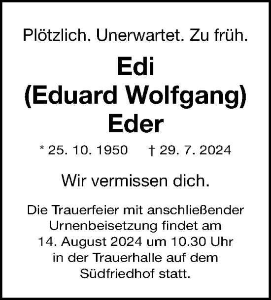 Traueranzeige von Eduard Wolfgang Eder von Gesamtausgabe Nürnberger Nachrichten/ Nürnberger Ztg.