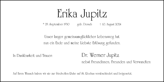 Traueranzeige von Erika Jupitz von Gesamtausgabe Nürnberger Nachrichten/ Nürnberger Ztg.