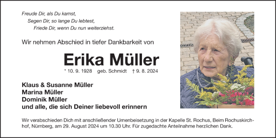 Traueranzeige von Erika Müller von Gesamtausgabe Nürnberger Nachrichten/ Nürnberger Ztg.