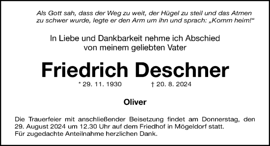 Traueranzeige von Friedrich Deschner von Gesamtausgabe Nürnberger Nachrichten/ Nürnberger Ztg.