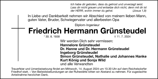 Traueranzeige von Friedrich Hermann Grünsteudel von Gesamtausgabe Nürnberger Nachrichten/ Nürnberger Ztg.