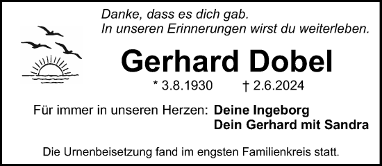 Traueranzeige von Gerhard Dobel von Gesamtausgabe Nürnberger Nachrichten/ Nürnberger Ztg.