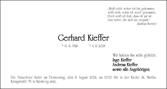 Traueranzeige von Gerhard Kieffer von Gesamtausgabe Nürnberger Nachrichten/ Nürnberger Ztg.