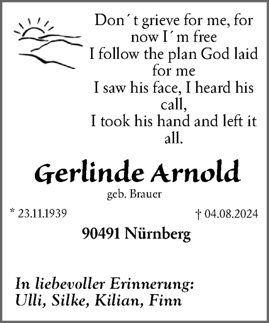 Traueranzeige von Gerlinde Arnold von Gesamtausgabe Nürnberger Nachrichten/ Nürnberger Ztg.