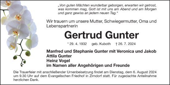 Traueranzeige von Gertrud Gunter von Gesamtausgabe Nürnberger Nachrichten/ Nürnberger Ztg.