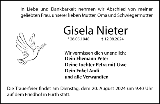 Traueranzeige von Gisela Nieter von Gesamtausgabe Nürnberger Nachrichten/ Nürnberger Ztg.