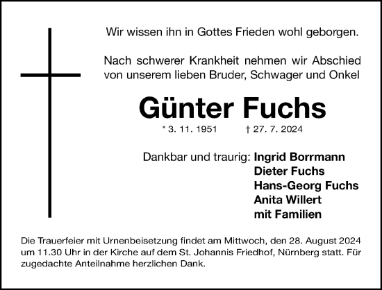 Traueranzeige von Günter Fuchs von Gesamtausgabe Nürnberger Nachrichten/ Nürnberger Ztg.