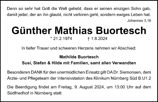 Traueranzeige von Günther Mathias Buortesch von Gesamtausgabe Nürnberger Nachrichten/ Nürnberger Ztg.