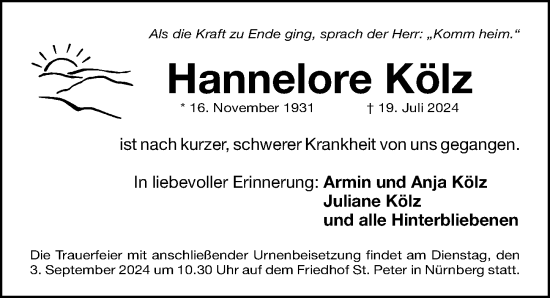 Traueranzeige von Hannelore Kölz von Gesamtausgabe Nürnberger Nachrichten/ Nürnberger Ztg.