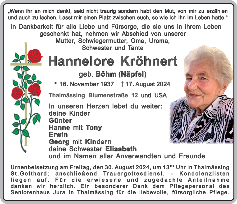  Traueranzeige für Hannelore Kröhnert vom 24.08.2024 aus Roth-Hilpoltsteiner Volkszeitung Lokal