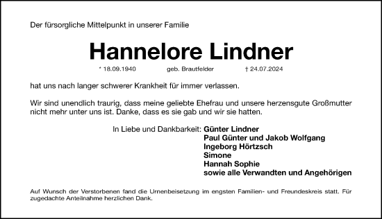 Traueranzeige von Hannelore Lindner von Gesamtausgabe Nürnberger Nachrichten/ Nürnberger Ztg.