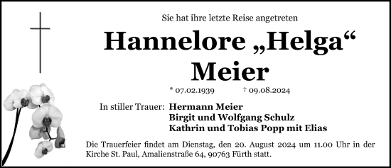 Traueranzeige von Hannelore Meier von Gesamtausgabe Nürnberger Nachrichten/ Nürnberger Ztg.