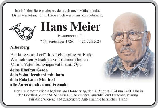 Traueranzeige von Hans Meier von Roth-Hilpoltsteiner Volkszeitung Lokal